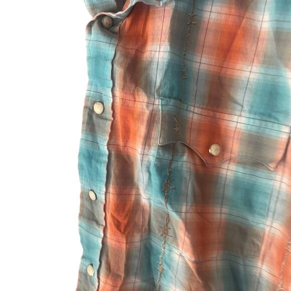 Rough Stock Panhandle Men Large Orange Blue Pearl Snap Western Shirt - Picture 4 of 9